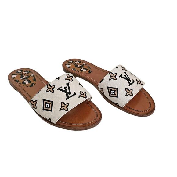 Louis Vuitton Wild at Heart Flat Slide Sandal Size 41 US 11 Brown White Leather - Picture 1 of 16